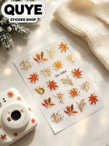1 Set, Journaling Supplies, Stickers For Laptop, Gold Foil Plant Illustration, Delicate Autumn Maple Leaf Design, Luxe Fall Vibe, Thin Gold Line Embellished, Nail Art Decals, Multi-Scene Decor Stickers - SN-1084 - View 2