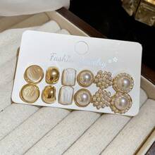 12pcs Fashionable Personalized Pearl Geometric Round Stud Earrings, Sweet Romantic Multi-Style Earrings, Suitable For Women's Daily Wear, Gatherings, Party Matching - Yellow Gold - View 2