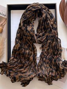 1pc Thick Crinkle Leopard Pattern Polyester Bali Voile Scarf 80*180cm, Faux Linen‑Cotton Feel, Fall Winter Multi‑Use Shawl For Travel Party Outing - Multicolor - View 12