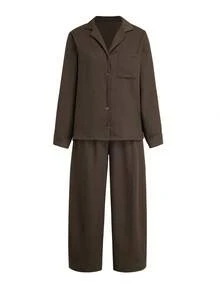 SMILE CHIC New Vintage Commute Lapel Shirt & Wide Leg Pants 2 Pieces Set Elegant - Coffee Brown - View 7