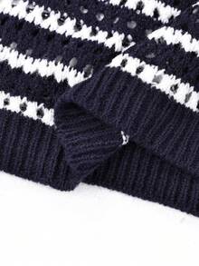 YuwenierPOP Bohemian Style Casual Deep Blue & White Striped Hollow Knit 2-Piece Set, Round Neck Long Sleeve Loose Top With Drawstring Elastic Shorts, Vacation Autumn Campus Style - Navy Blue - View 11