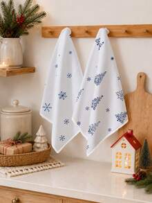 2PCS Christmas Simple Blue Snowflake Kitchen Towels, Rectangular Soft Microfiber Polyester Material, Dishcloth, Scouring Pad, Hand Towel, Cooking Baking Tea Towel, Christmas Kitchen Decor, Housewarming Gift, Birthday Gift, Bathroom Cleaning Cloth, Decorative Towel - Blue and White - View 3