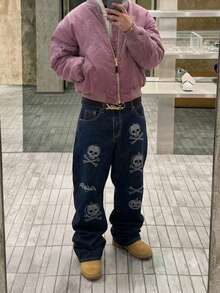 Street Style Skull Pumpkin Bat Digital Print Y2K Loose Baggy Wide Leg Raw Denim Washed Casual Long Pants For Men - Medium Wash - View 3