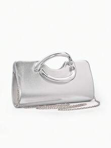 Minimal Evening Clutch, Long Rectangular Hard Frame Bag, PU Leather, Curved Silver Ring Handle, Women Stylish Handbag For Wedding & Evening Banquet - Silver - View 10