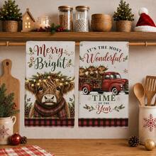 2PCS Christmas Highland Cow & Truck Pattern Printed 40*60cm Country Vintage Style Rectangular Microfiber Soft Kitchen Towels, Dish Cloths, Tablecloths, Hand Towels, Christmas Home Decor, Bathroom & Kitchen Decor, Neighbor Housewarming Gift, Perfect For Kitchen & Bathroom Use, Suitable For Housewives And Family Gatherings, High Value, Household Essential - Multicolor - View 9