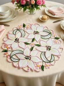 HXARTMIS 1pc Elegant Handmade Hollow Lily Embroidery Table Runner & Placemat Set, Vintage Floral Hollow Tassel Table Runner, Romantic Dining Table Decor, Suitable For Restaurant, Home Decor, Theme Holiday Decoration - Pink - View 3