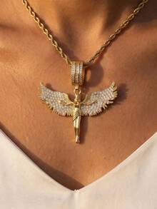 1pc Artificial Zirconia Angel Shape Pendant Stainless Steel Twisted Chain Necklace Women's Hip Hop Punk Angel Wings Pendant Necklace Fashion Vintage Jewelry Suitable For Daily Wear Or Party Valentine's Day Gift - Yellow Gold - View 3