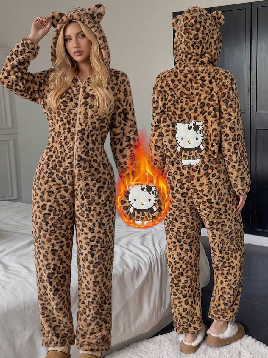 SANRIO Personalized Leopard Print Hooded One-Piece Loungewear, Plus Size Loose Fit Friendly To All Body Types, Soft Plush Fabric Comfortable And Unrestricted, Zipper Closure Design Easy To Put On And Take Off. 3D Small Ears On Hood Add Playful Touch, Cute Hello Kitty Patch Decoration On Back, Suitable For Daily Home Wear And Relaxing At Home, Full Of Atmosphere - Multicolor - View 1