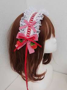 1件白色蕾絲髮箍配粉色蝴蝶結與緞帶，蘿莉塔風格時尚Cosplay女性髮飾 - 紅色 - 查看 3