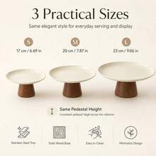 1 Set Stainless Steel Cream White Tray With Wooden Base, Multi-Functional Tray, Candy Tray, Cake Tray - Wooden Stand, White Stainless Steel Tray - View 2