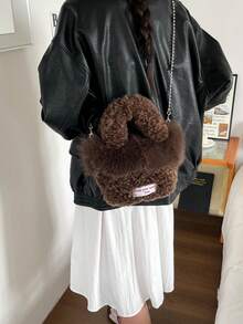 Autumn/Winter New Lamb Wool Bucket Bag With Chain Strap, Shoulder And Crossbody - Coffee - View 5