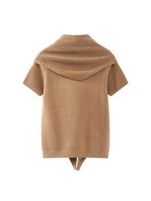 French Vintage Coffee Brown Round Neck Regular Shoulder Slim Fit Flattering Knit Short Sleeve T-Shirt Autumn Skin-Friendly Top Elegant Travel Casual Vacation - Khaki - View 2