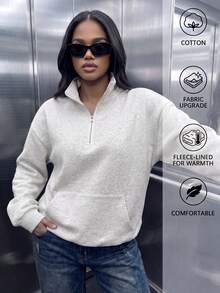 Sweatshirt Wanita Kasual Bahan Komposit Kerah Tinggi Saku Resleting Potongan Longgar Setengah Terbuka dengan Tudung, Set Atasan Musim Panas untuk Pemakaian Sehari-hari - Abu-abu muda - View 2