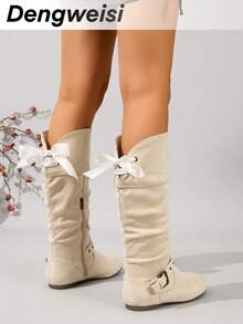 DENGWEISI Beige Slouchy Boots With Side Zipper, Flat Round Toe, Casual Comfortable Versatile Commute Daily Autumn/Winter High-Top Boots For Women Fashion - Beige - View 3