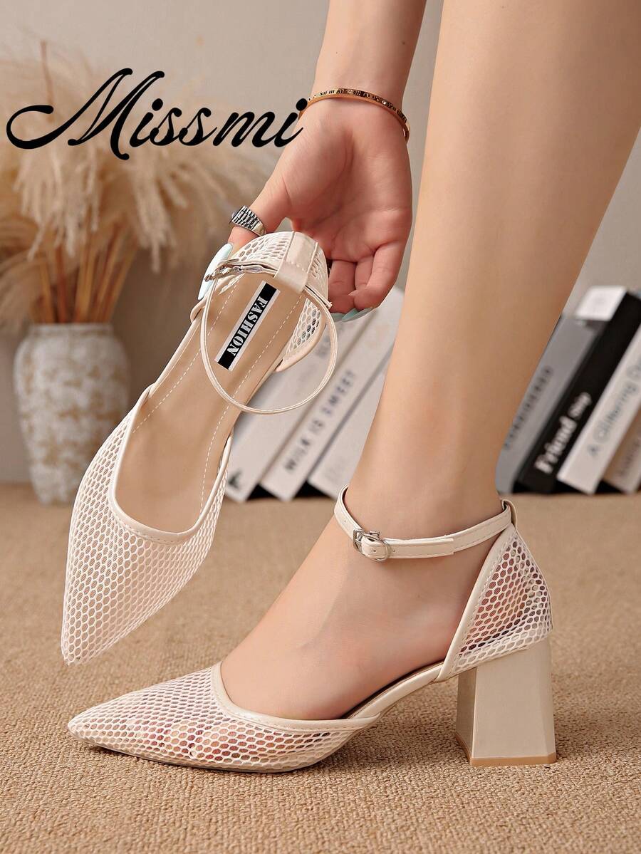 New Chinese Style White High Heel Women's Half-Slip Thin Heel Pointed Toe Lace Embroidered Two-Way Wear Sandals - Beige - View 1