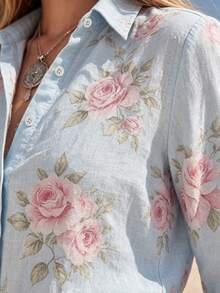 YI XUAN Women's Autumn Shirt In A Linen Blend, Featuring A Long Lapel Design And A Printed Pattern-A Bohemian-Style Vacation Top For Fall. - Baby Blue - View 8