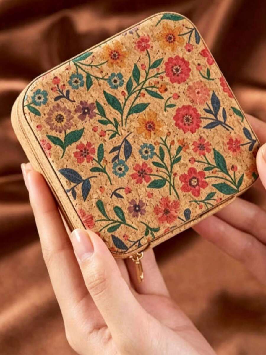 1pc Portable Vintage Jewelry Box, Fabric Storage Case For Earrings And Necklaces, Small Jewelry Organizer - Multicolor - View 1