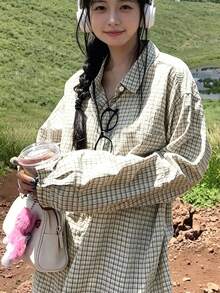 YCYC 韓系復古小眾 Ins 風格 百褶格紋長袖 Polo 衫 女款慵懶外套 - 卡其色 - 查看 6