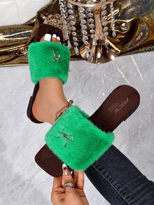 Women's Autumn/Winter Fashion Fuzzy One-Strap Slides, Metal Bow Decor Open Toe Flat Slippers, Soft Comfortable Home & Outdoor Fuzzy Slippers - Green - View 8