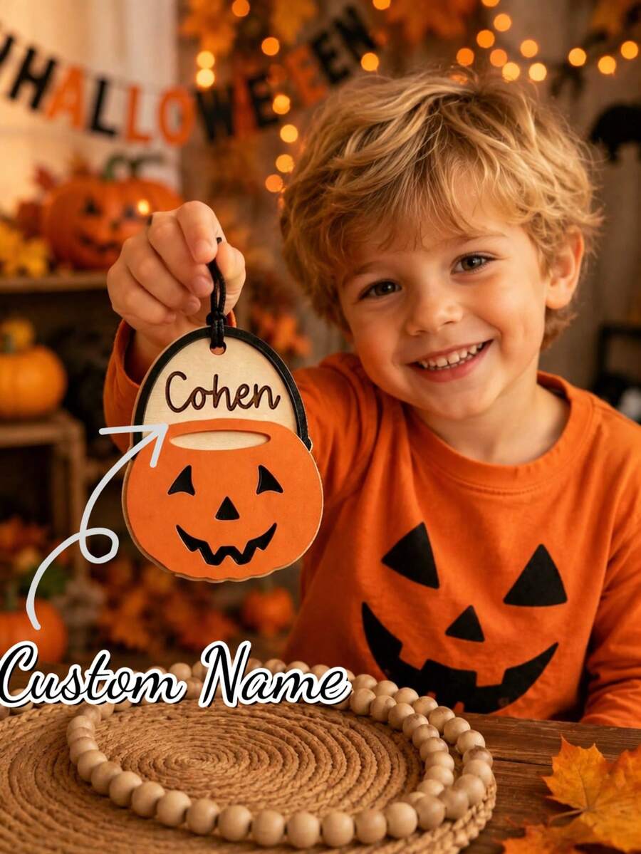 Customized Name Wooden Halloween Pumpkin Bucket Pendant (Pendant Only) - Personalized Children's Halloween Tag, Parenting Bag Charm, No Cushion, Baby Gift, Autumn Halloween Wooden Pumpkin Decor, With Rope, Pumpkin, Skull, Ghost, And Farmhouse Style Multi-Layer Hanging Decoration, Suitable For Autumn, Party Decoration - Multicolor - View 1