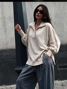 Jaket Sweatshirt Wanita Warna Polos dengan Bahu Longgar, Lengan Panjang, Kerah Polo, Gaya Street Wear, Musim Gugur/Dingin/Semi, Hoodie dengan Belahan untuk Wanita Keren - Aprikot - View 5