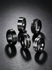 5PCS Black Stainless Steel Men's Rings, Punk Dragon Pattern Spinner Chain Rings, Couple Wedding Promise Jewelry For Daily Business Casual - Multicolor - View 1