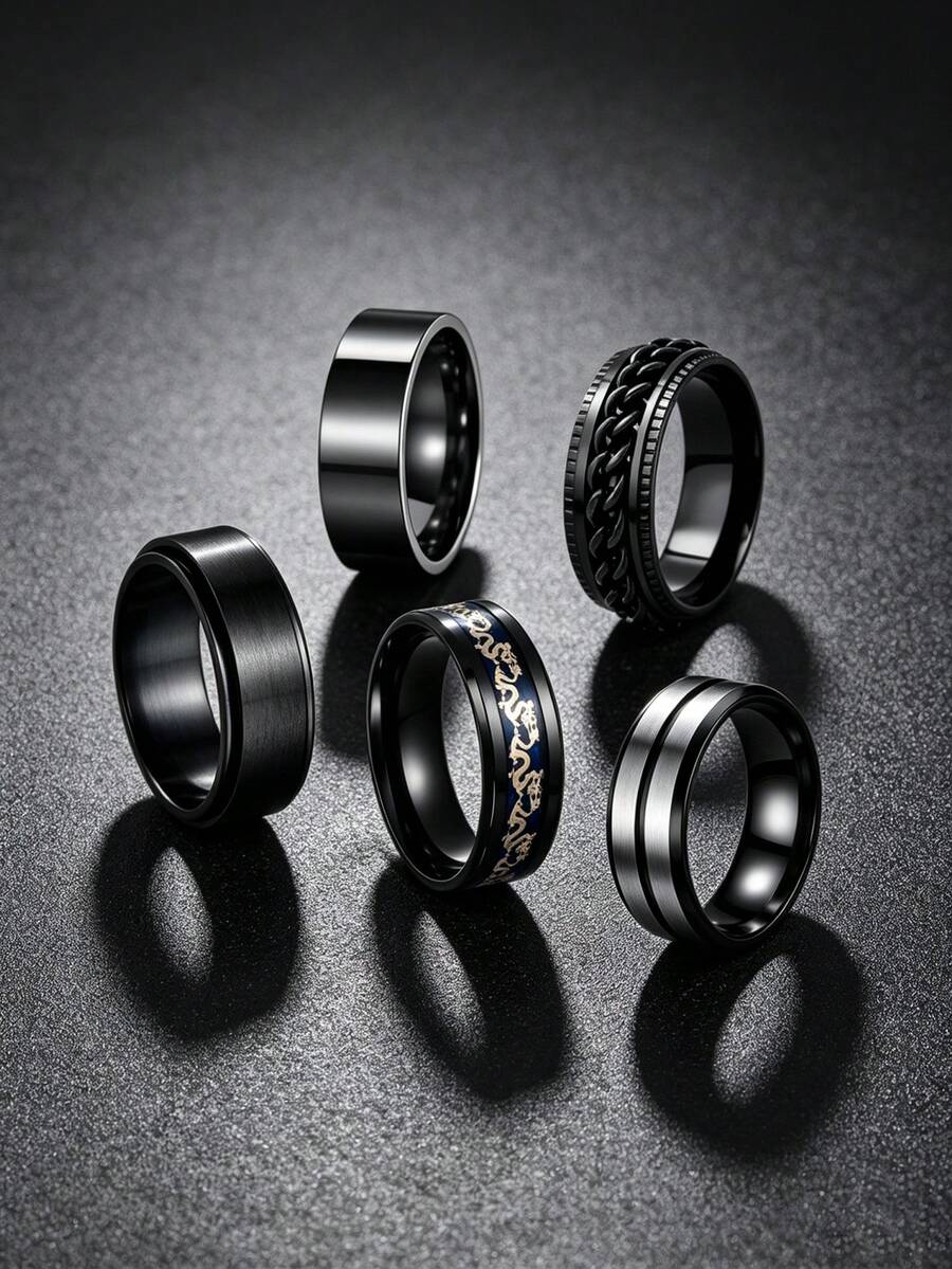 5PCS Black Stainless Steel Men's Rings, Punk Dragon Pattern Spinner Chain Rings, Couple Wedding Promise Jewelry For Daily Business Casual - Multicolor - View 1