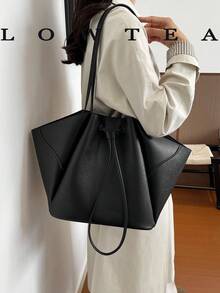 Low Tea 2件組純色PU布料女款休閒大容量托特包 BOOK Bag，雙手柄設計，磁吸開合，適合旅行、購物、約會，女性禮物，適合青少年女孩、大學生、職場新人與白領上班族，完美適用於辦公室、校園、工作、商務、通勤、戶外、旅行、出遊 - 黑色 - 查看 7