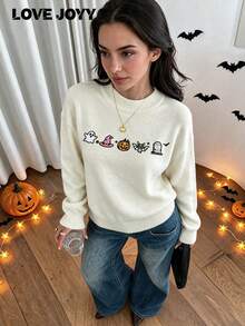 LOVE JOYY Women's Autumn Winter Halloween Faux Embroidery Crew Neck Sweater Drop Shoulder Loose Pullover For Daily Festival - Beige - View 2