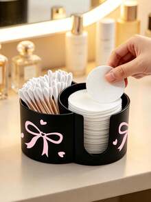 2 Grid Cotton Pad Swab Box,Cute Bow Print Makeup Organizer Box With Bamboo Lid,Desktop Cosmetic Container With Double Round Holes,For Bathroom Vanity - Multicolor - View 6
