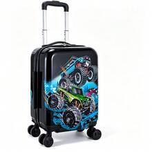 Boys' 4x4 Off-Road Truck Print Hard Shell Kids Rolling Suitcase, Spinner Wheels Carry-On Luggage, Portable Travel Vacation Suitcase For Children - Black - View 2