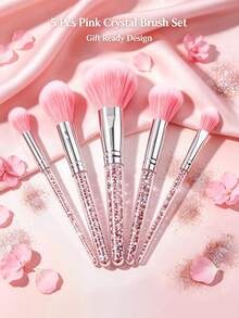 Pink Rhinestone 5-Piece Portable Makeup Brush Set, Student Style, Travel Touch-Up Beauty Tool Kit - Pink - View 1