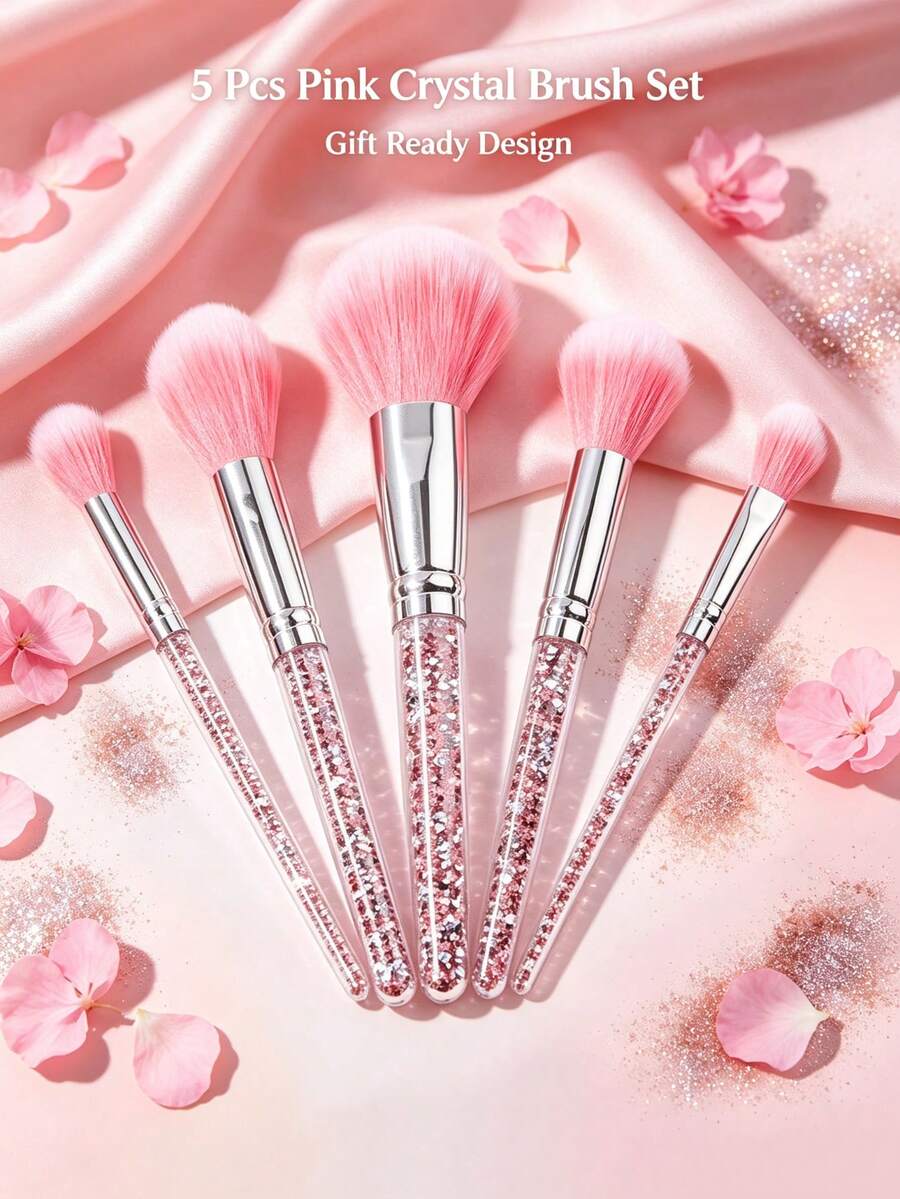 Pink Rhinestone 5-Piece Portable Makeup Brush Set, Student Style, Travel Touch-Up Beauty Tool Kit - Pink - View 1