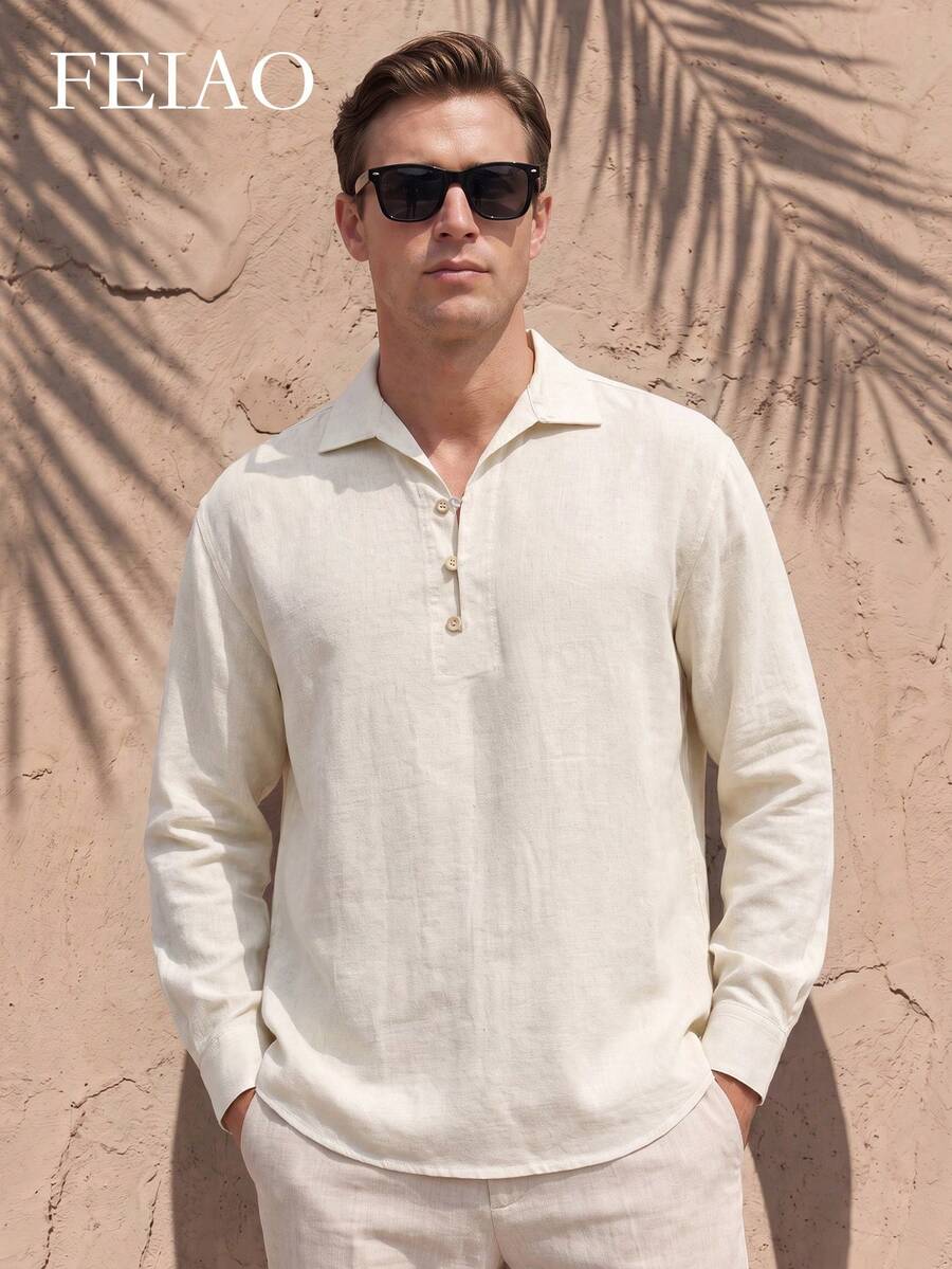 Men's Versatile Half-Button Long Sleeve Shirt, Commuter Essential - Apricot - View 1