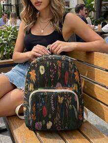 1 Piece Backpack, Women's Mini Backpack, Corduroy Girl's School Bag, Travel Storage Bag, Flower‑Printed Design, Large‑Capacity Foldable Easy‑To‑Store Bag, Lightweight And Pressure‑Relieving, Multi‑Pocket Layered Design With Zipper Closure - Black Floral 22530 - View 7