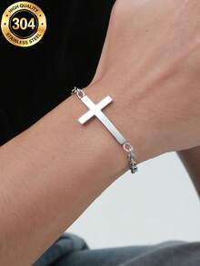 MONALLY Men's Stainless Steel Minimalist Cross Bracelet, Simple Horizontal Cross Chain Wrist Accessory, Religious Faith Jewelry Gift, Suitable For Men, Boys, Husbands - Chain Bracelet - View 2
