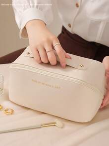 1pc Waterproof PU Leather Large Capacity Makeup Bag, Women's Handbag, Double Layer Makeup Storage Bag, Cosmetic Organizer, Toiletry Bag, Travel Essential, Cruise Essential, Vacation Essential, Neutral Large Capacity Portable Makeup Bag - Multicolor - View 3
