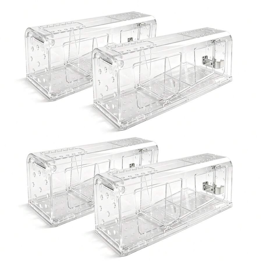 Vandise 4 Pack Humane Mouse Trap, Clear Plastic Live Catch Release Mouse Cage With Stainless Steel Bait Container, Reusable No‑Kill Rodent Traps For Indoor Outdoor Home Kitchen Garage Basement - White - View 1
