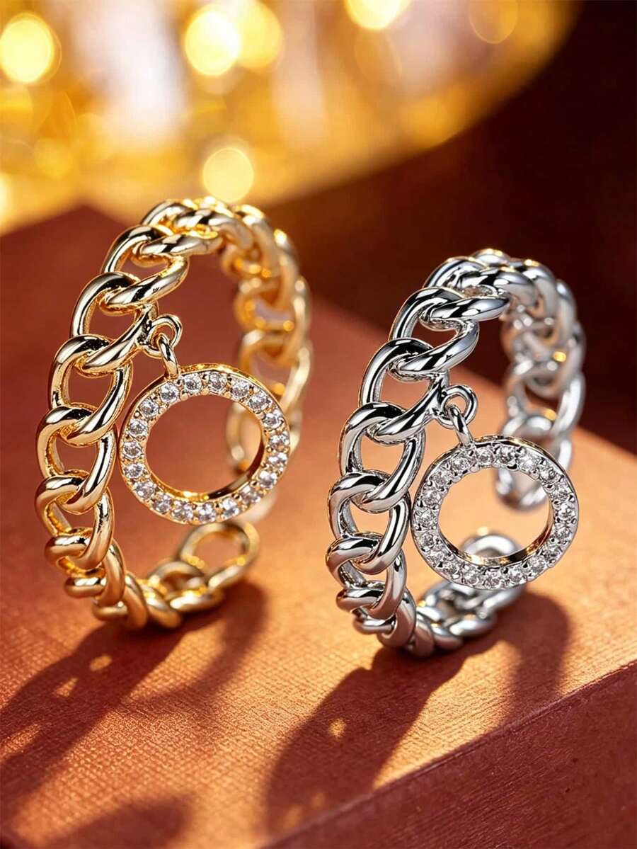 1pc Cuban Chain Circle Pendant Open Ring For Women, Thick Chain Hollow Circle Pendant Adjustable Finger Ring, Luxury Style For Date, Party, Anniversary Gift - Open Ring - View 1