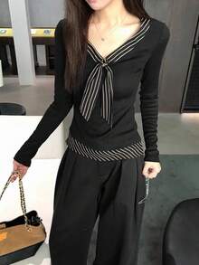 Women's 2026 New Long Sleeve T-Shirt, Black Stunning Slim Fit 2 In 1 Knit Top - Black - View 6