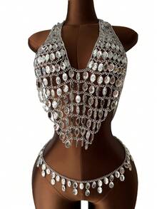 ZHENGHEN Y2K Bling Sliver Body Chain 2Pcs Set Body Chain & Waist Chain Set, Sparkly Coin Tassel Chest Chain, Party Beach Festival Body Jewelry - White - View 5