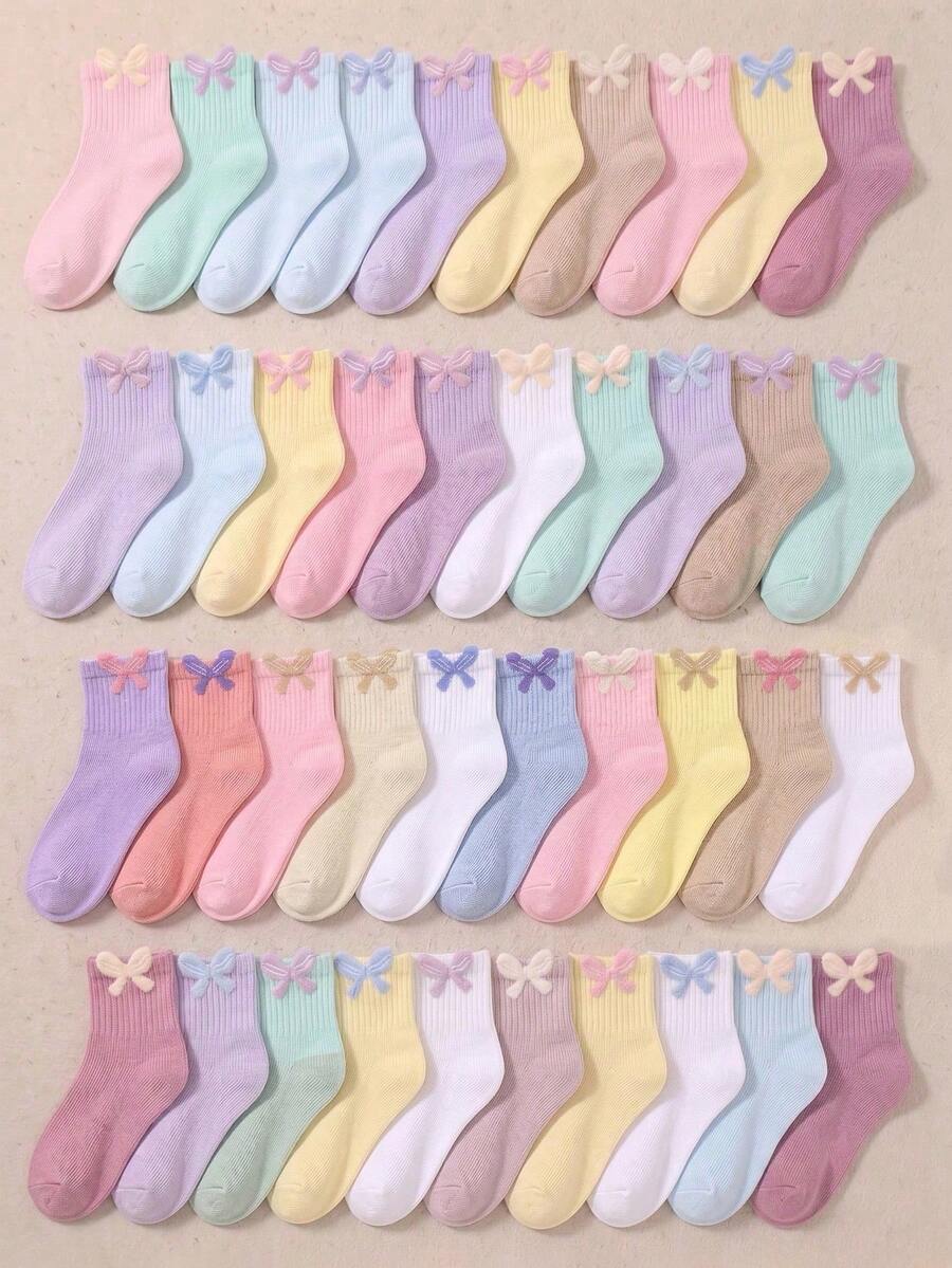 5/10/20 Pairs Random Girls Crew Socks Bow Solid Color Mid‑Calf Socks Soft Breathable Kids Socks Toddler Tween Girls Casual Daily Fall Socks Halloween - Multicolor - View 1