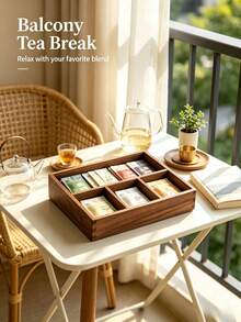 Multi-Compartment Solid Wood Tea Bag Storage Box, Divided Wooden Tea Canister, Decorative Desktop Organizer For Tea Bags, Coffee Capsules, Living Room Tabletop Decor - Walnut - View 3