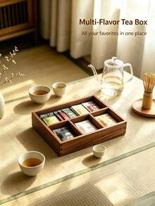 Multi-Compartment Solid Wood Tea Bag Storage Box, Divided Wooden Tea Canister, Decorative Desktop Organizer For Tea Bags, Coffee Capsules, Living Room Tabletop Decor - Walnut - View 5
