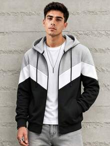 HEYKESON Men's Full Zip Hooded Jacket, Colorblock Patchwork Drawstring Hood Long Sleeve Casual Open Front Sweatshirt - Black - View 3