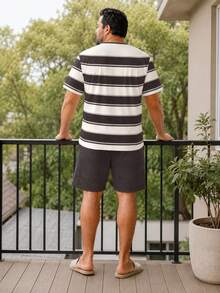 Plus Size Men's Striped Short Sleeve Loungewear Set, Letter Embroidered Top And Solid Color Shorts 2 Pieces Set, Loose Casual, Breathable Skin-Friendly, Spring/Summer Home Wear - Multicolor - View 6