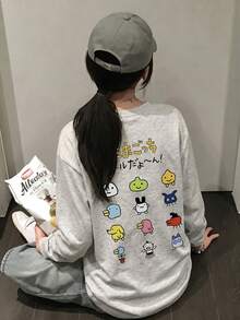 Women's Fashion Autumn/Winter Loose Fit Versatile Round Neck Cute Cartoon Print Long Sleeve T-Shirt Casual - Light Gray - View 3