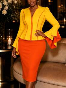 Elegant Women's Colorblock 2 Pieces Set, Zipper Stand Collar Ruffle Sleeve Top, High Waist Pencil Midi Skirt, Business Office Outfit - Yellow - View 5