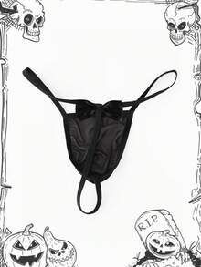 Halloween Men's Black Sexy Mesh Breathable Comfortable Cool Skull Print Semi-Sheer Large Pouch Bow Decor Thong - Black - View 3