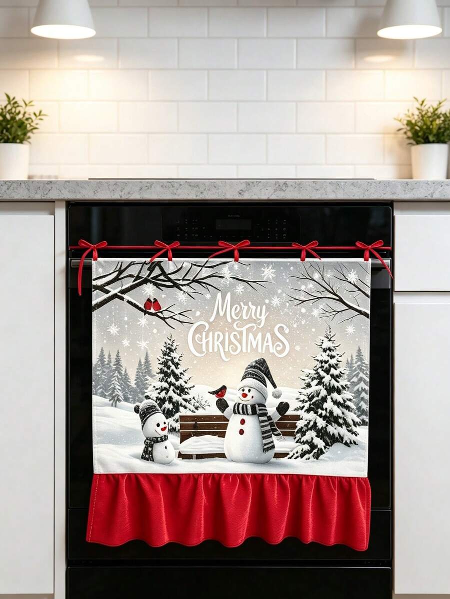 聖誕烤箱門簾,雪人冬季森林場景印花,Merry Christmas 字樣,紅色波浪邊懸掛裝飾,適用於廚房、節日派對、農舍風家居裝飾 - C - 查看 1